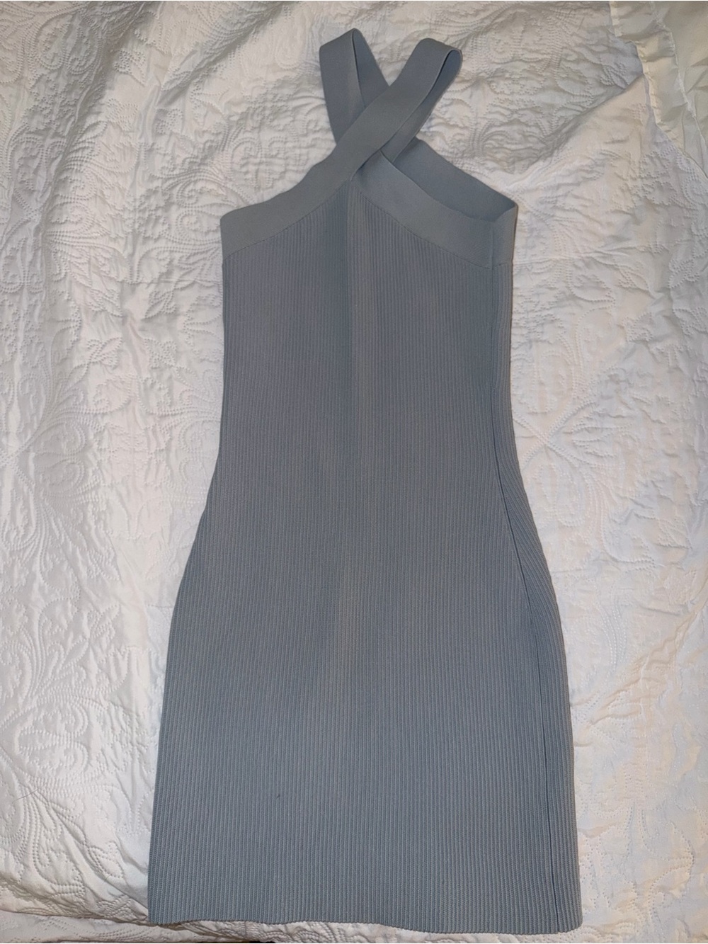 Babaton Ribbed Cross-Strap Mini Dress in Slate Blue